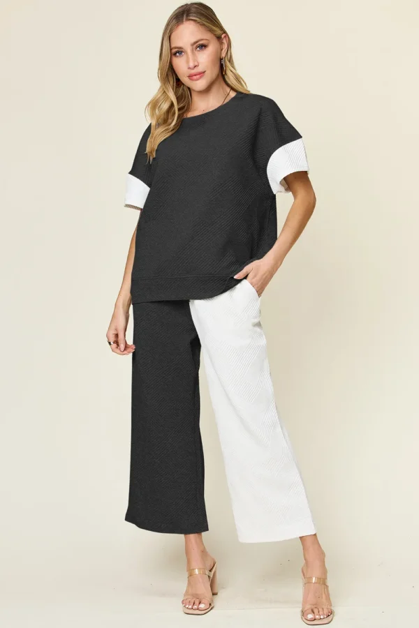 Double Take Full Size Texture Contrast T-Shirt and Wide Leg Pants Set - Image 2
