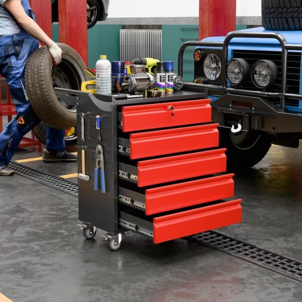 Metal Rolling Tool Box With 5 Drawers And Lock Tool Storage Cabinet With Lockable Wheels For Garage Warehouse Assembly Required Black Red - Image 8