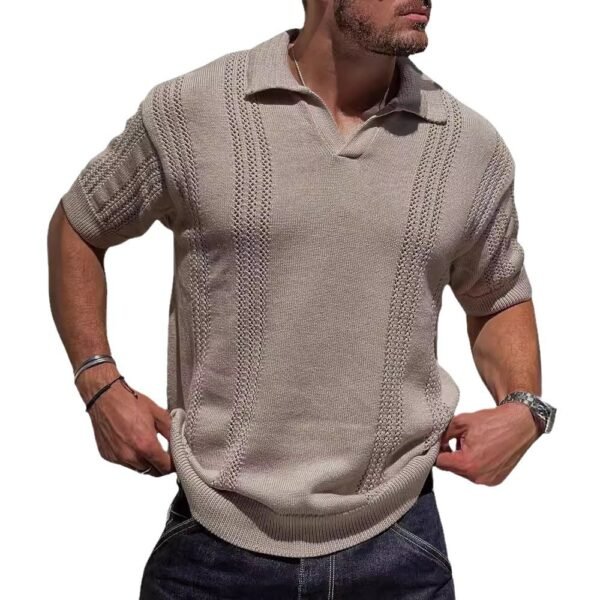 European And American Fashion Men's Knitted Polo Shirt Short Sleeve V-neck Hollow - Image 9