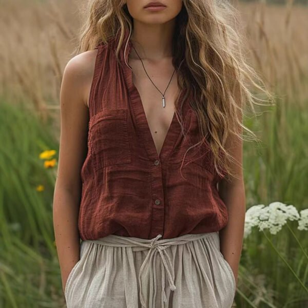 Women's Casual Loose Sleeveless Cotton Linen V-neck Pocket Vest Shirt - Image 7