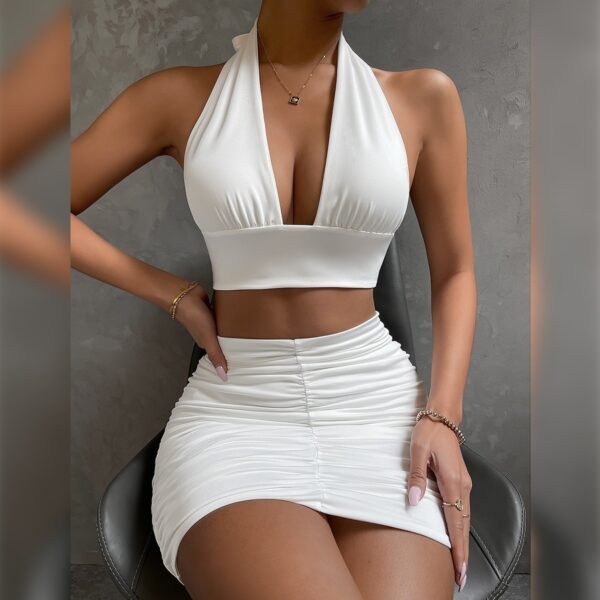 Dress Suits For Women Halter Lace-up Hip Top And Pleated Hip-covering Skirt - Image 2