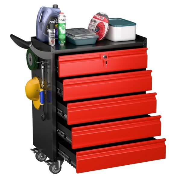 Metal Rolling Tool Box With 5 Drawers And Lock Tool Storage Cabinet With Lockable Wheels For Garage Warehouse Assembly Required Black Red - Image 4