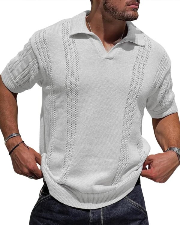 European And American Fashion Men's Knitted Polo Shirt Short Sleeve V-neck Hollow - Image 5