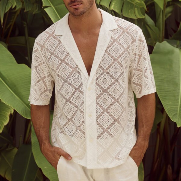 Fashion Mens Clothing Men's Hollow-out Breathable Short-sleeved Lapel Casual Shirt - Image 2