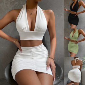 Dress Suits For Women Halter Lace-up Hip Top And Pleated Hip-covering Skirt