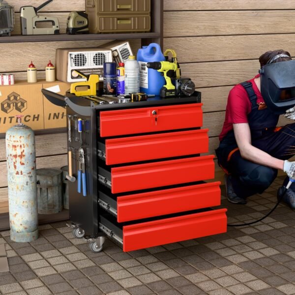 Metal Rolling Tool Box With 5 Drawers And Lock Tool Storage Cabinet With Lockable Wheels For Garage Warehouse Assembly Required Black Red - Image 9