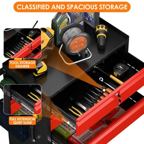Metal Rolling Tool Box With 5 Drawers And Lock Tool Storage Cabinet With Lockable Wheels For Garage Warehouse Assembly Required Black Red - Image 3