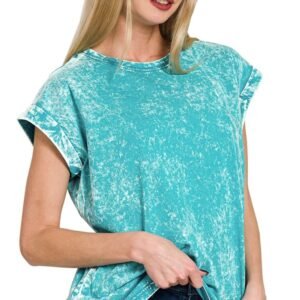 Zenana Zenana Crinkle Washed Round Neck Folded Short Sleeve Tee