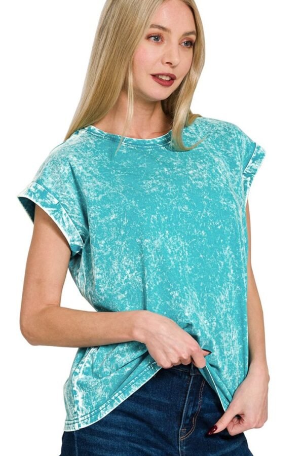 Zenana Zenana Crinkle Washed Round Neck Folded Short Sleeve Tee