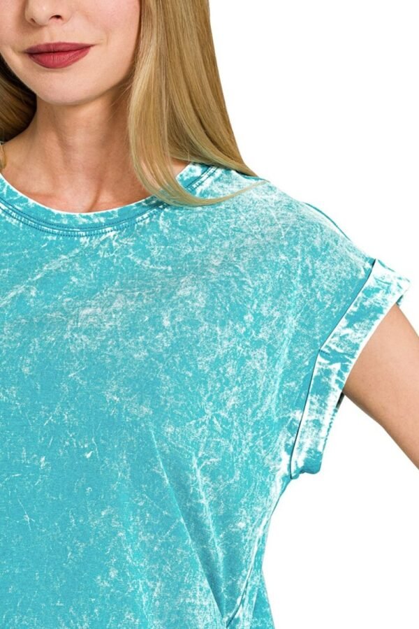 Zenana Zenana Crinkle Washed Round Neck Folded Short Sleeve Tee - Image 3