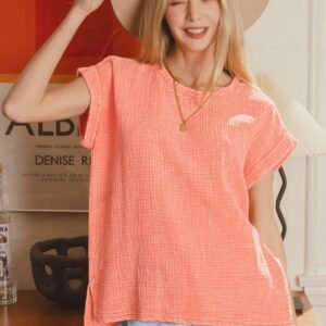 Zenana Zenana Woven Double Gauze Acid Washed Short Sleeve Top