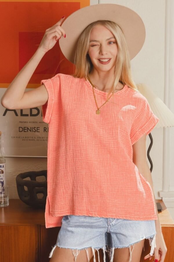 Zenana Zenana Woven Double Gauze Acid Washed Short Sleeve Top