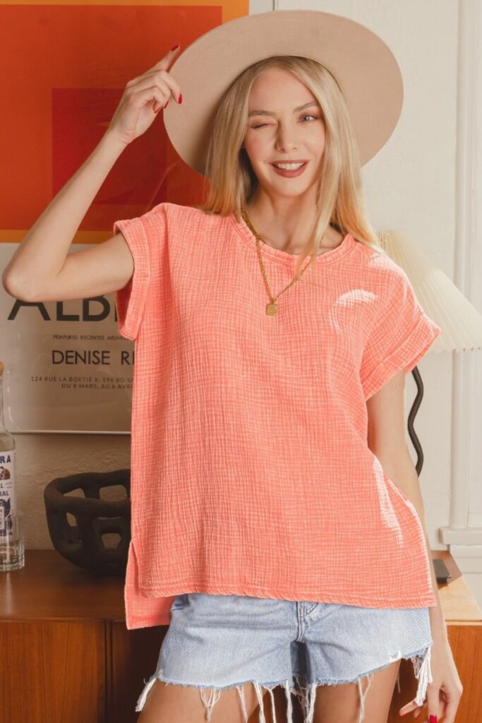 Zenana Zenana Woven Double Gauze Acid Washed Short Sleeve Top