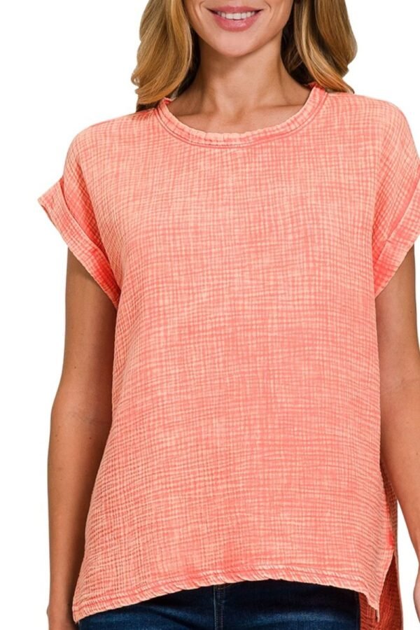Zenana Zenana Woven Double Gauze Acid Washed Short Sleeve Top - Image 3