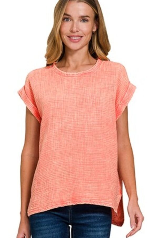 Zenana Zenana Woven Double Gauze Acid Washed Short Sleeve Top - Image 2