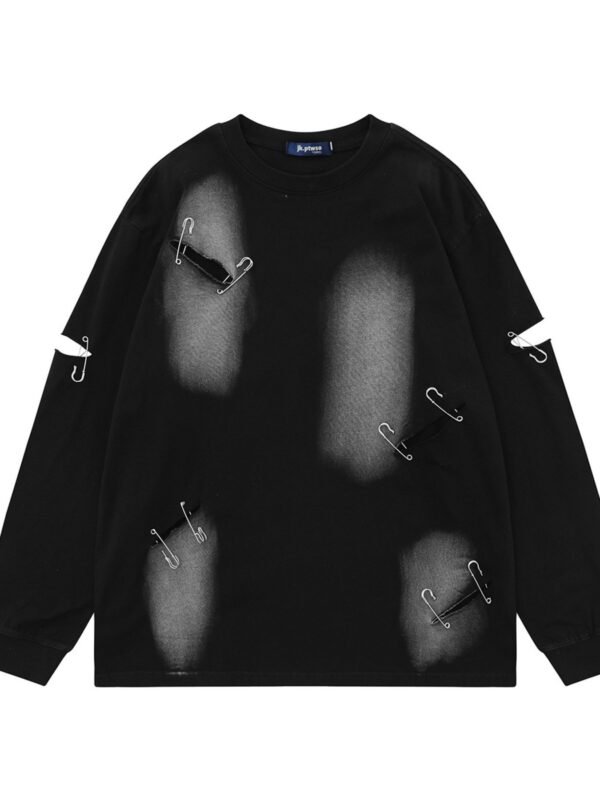 StellarWear Men's Distressed Round Neck Long Sleeve T-Shirt - Image 2