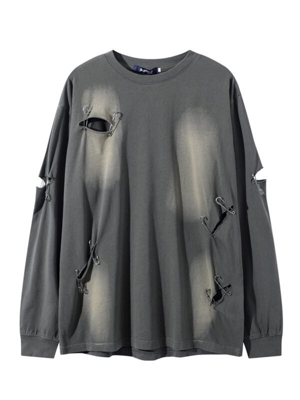 StellarWear Men's Distressed Round Neck Long Sleeve T-Shirt - Image 7