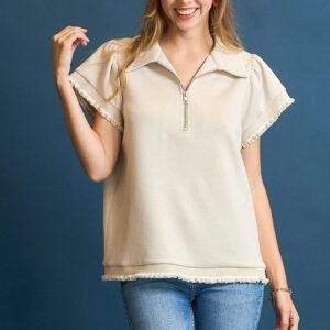 Frill Hem Half-Zip Collared Blouse