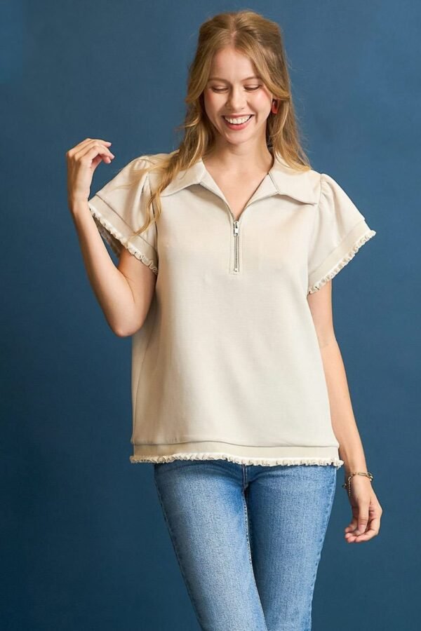 Frill Hem Half-Zip Collared Blouse