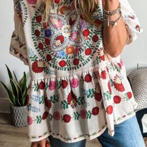 Floral Print Round Neck Ruffle Trim Blouse