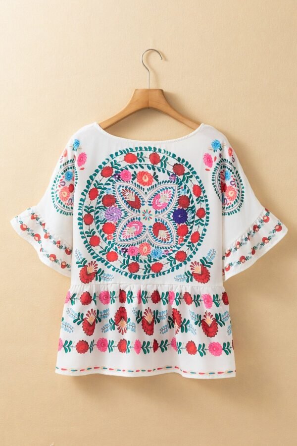 Floral Print Round Neck Ruffle Trim Blouse - Image 3