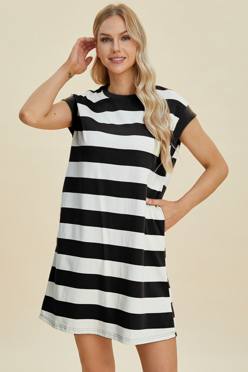 Basic Bae Basic Bae Full Size Striped Round Neck Cap Sleeve Mini Dress - Image 3