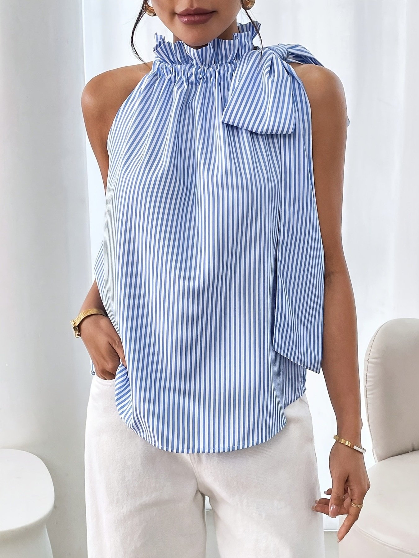 Casual Luxe Striped Sleeveless Blouse with Bow Tie Detail - Image 5