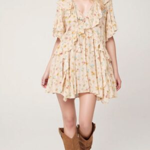 Tie V Neck Ruffle Wide Sleeve Mini Dress