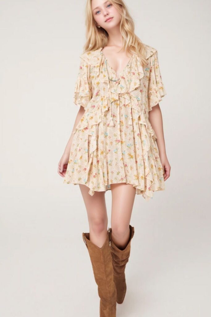 Tie V Neck Ruffle Wide Sleeve Mini Dress