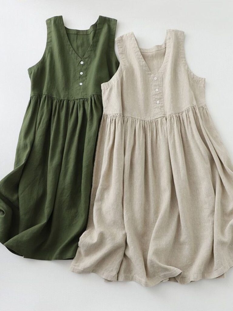 Aetherial V-Neck Button Detail Sleeveless Midi Dress