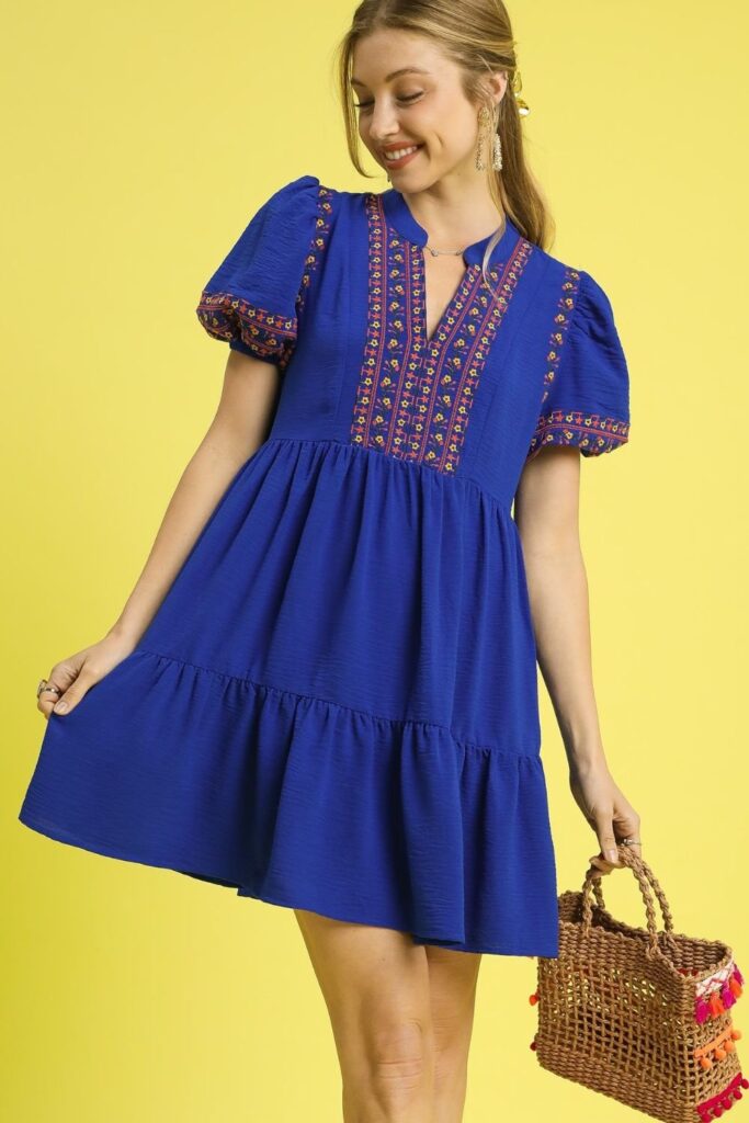 Floral Trim Puff Sleeve Mini Dress
