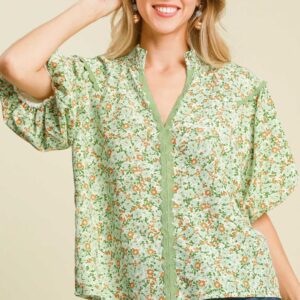 Umgee Full Size Floral Print Puff Sleeve Top Plus Size