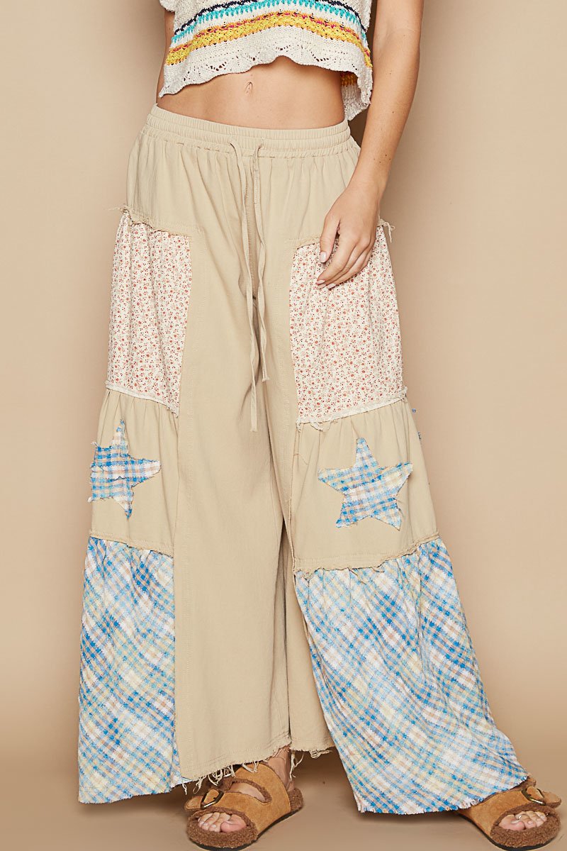 POL POL Drawstring Star Patch Contrast Wide Leg Pants