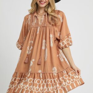 Umgee USA Umgee Boarder Print Tassel Tie Neck Mini Dress