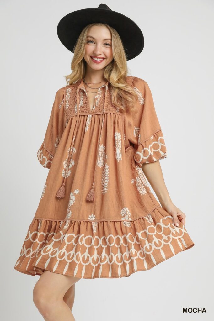Umgee USA Umgee Boarder Print Tassel Tie Neck Mini Dress