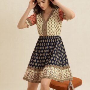 Rusttydustty Printed V-Neck Short Sleeve Dress