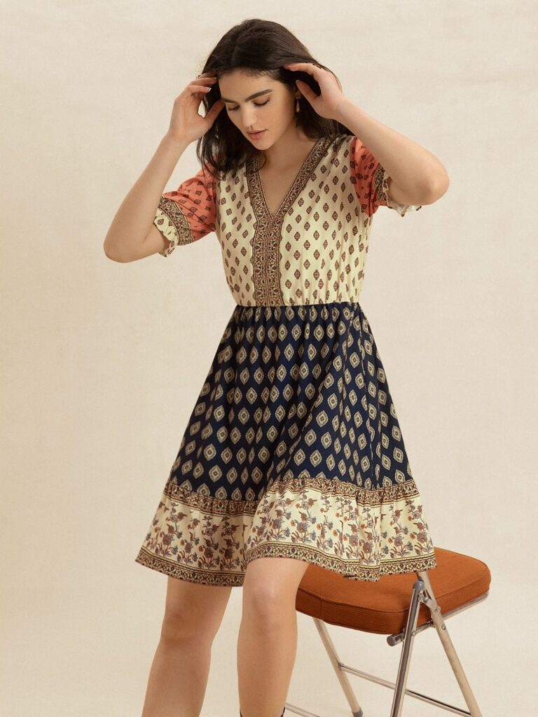 Rusttydustty Printed V-Neck Short Sleeve Dress