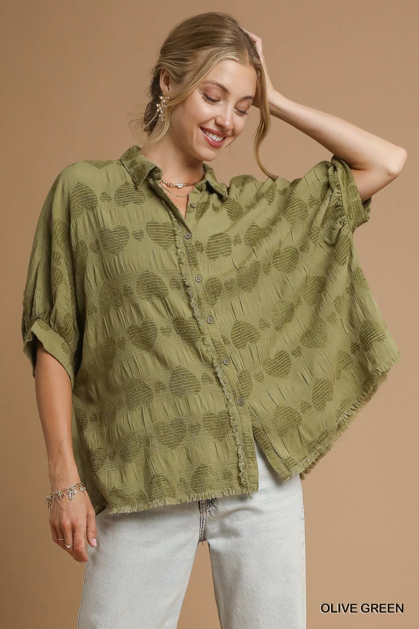 Umgee USA Umgee Jacquard Heart Collared Shirt