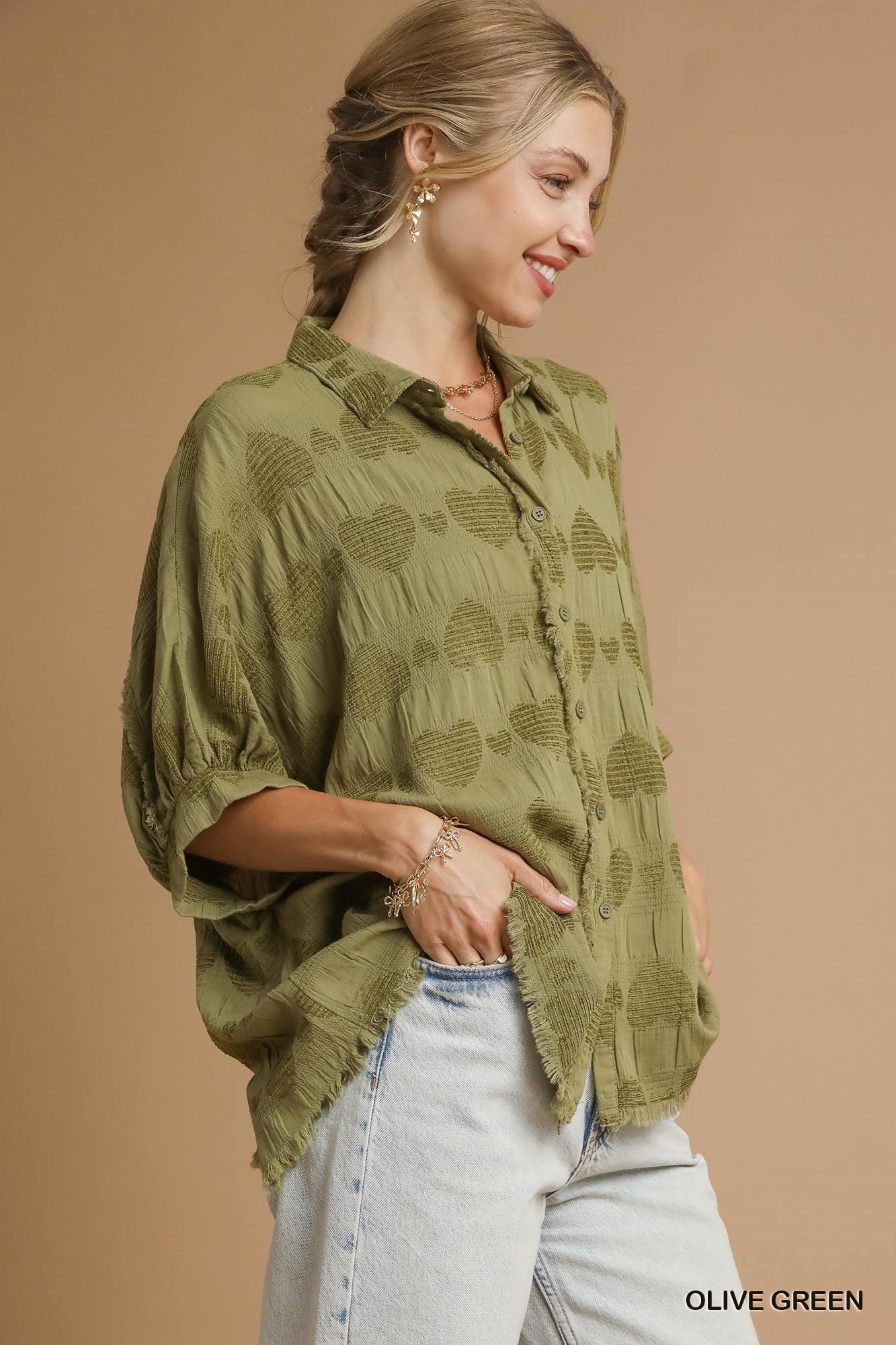 Umgee USA Umgee Jacquard Heart Collared Shirt - Image 4