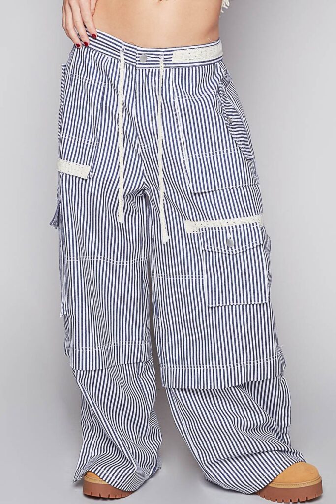 POL POL Striped Wide Leg Pants with Cargo Pockets