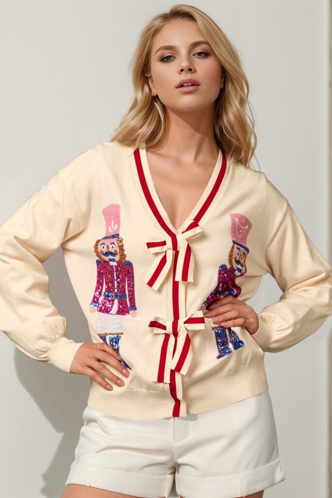 Double Take Double Take Full Size Nutcracker Sequin Bow Decor Cardigan