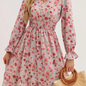 MeadowGlow Floral Print Flounce Sleeve Ruffle Hem Dress