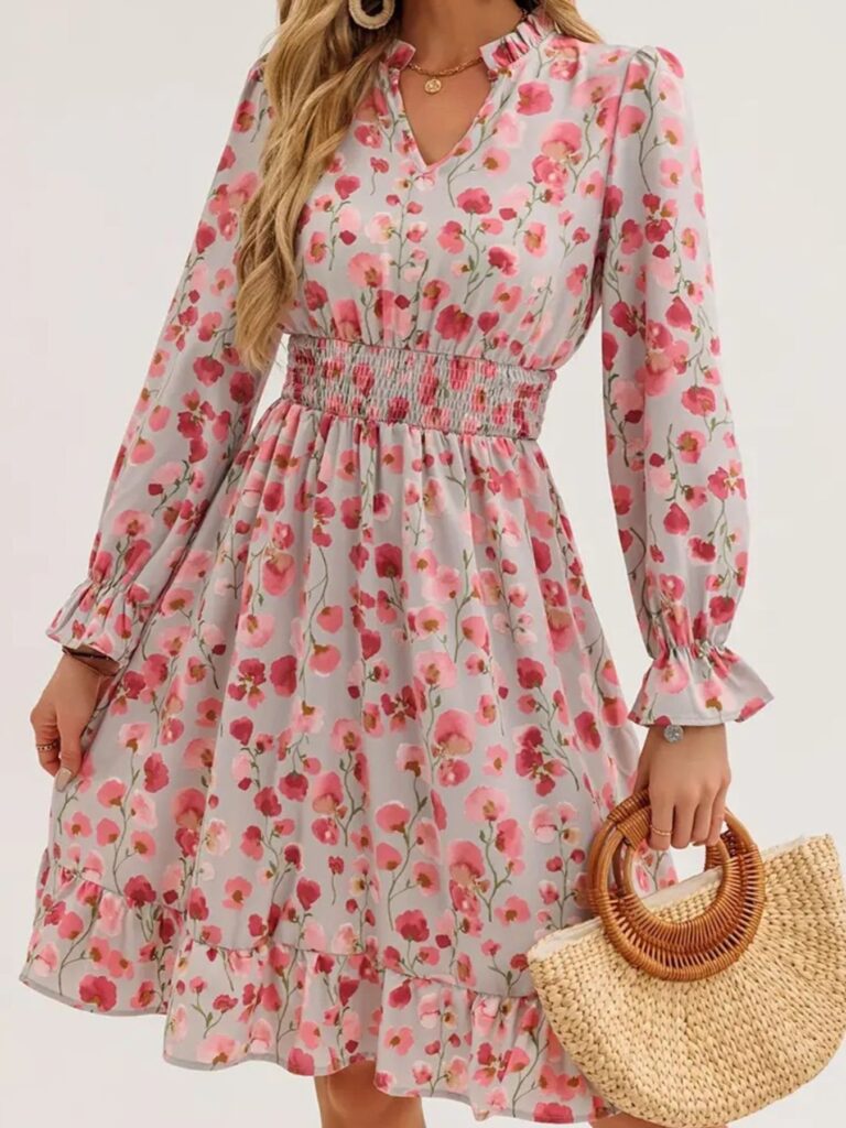 MeadowGlow Floral Print Flounce Sleeve Ruffle Hem Dress