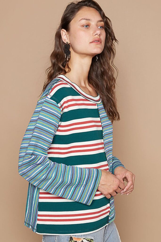 POL POL Color Block Striped Round Neck Long Sleeve T-Shirt