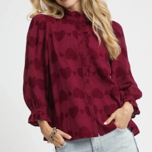Umgee USA Umgee Heart Jacquard Ruffle Trim Shirt