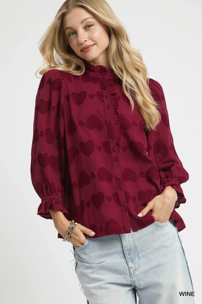 Umgee USA Umgee Heart Jacquard Ruffle Trim Shirt