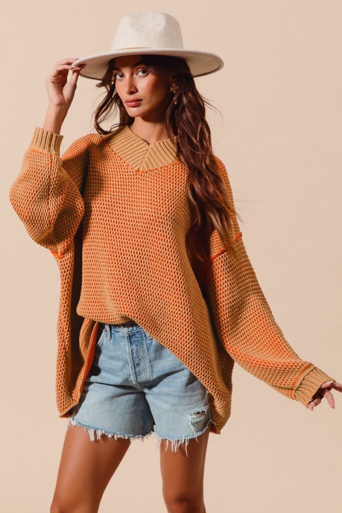 Oversized Two Tone Textured V Neck Sweater