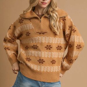 2025/10/1000908943.jpg Floral Patterned Jacquard Quarter-Zip Pullover Sweater