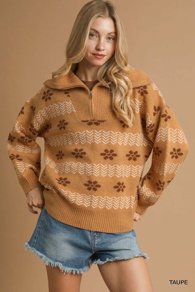 Floral Patterned Jacquard Quarter-Zip Pullover Sweater