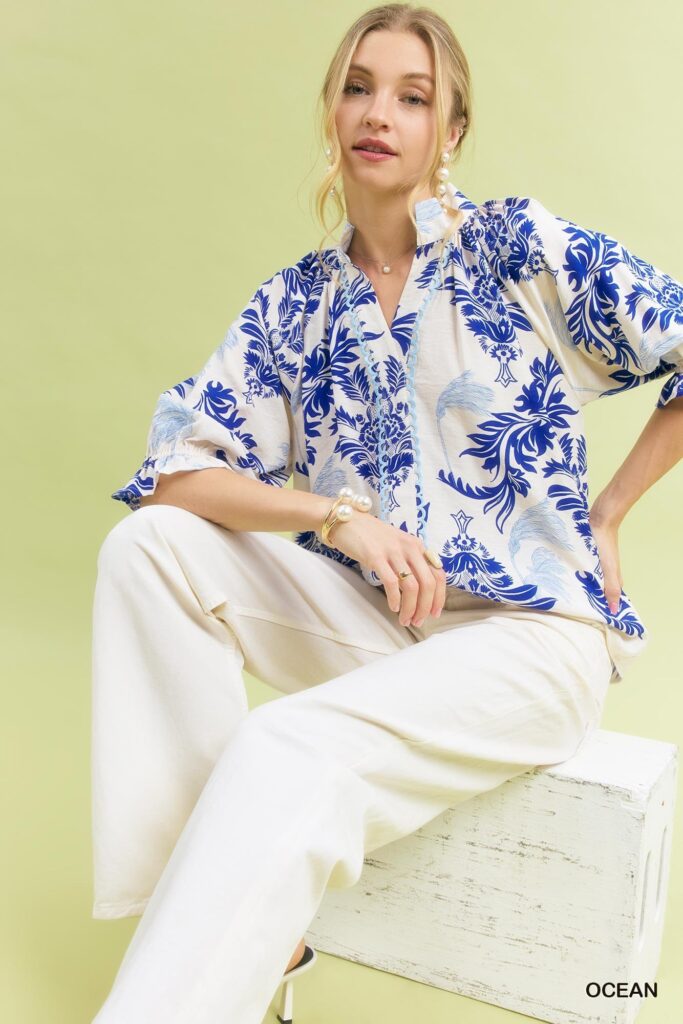 Leafy Damask Print Blouse with Contrast Scalloped Trim Detail